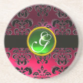 BLACK AND PINK DAMASK Green Emerald Monogram Sandstein Untersetzer (Vorne)