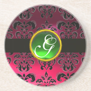 BLACK AND PINK DAMASK Green Emerald Monogram Sandstein Untersetzer