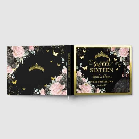 Black and Pink Floral Sweet Sixteen 16th Birthday Gästebuch (Voll)