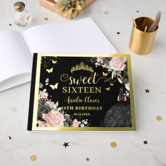 Black and Pink Floral Sweet Sixteen 16th Birthday Gästebuch (Vorderseite offen)