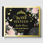 Black and Pink Floral Sweet Sixteen 16th Birthday Gästebuch (Vorderseite)