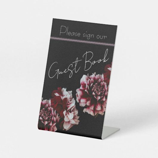 Black and Pink Peonies Wedding Foil Gästebuch Sockelschild (Vorderseite)