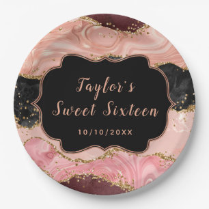 Black and Pink Sequins Agate 16 . Geburtstag Pappteller