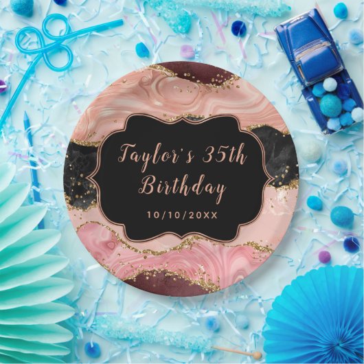 Black and Pink Sequins Agate Birthday Pappteller (Party)