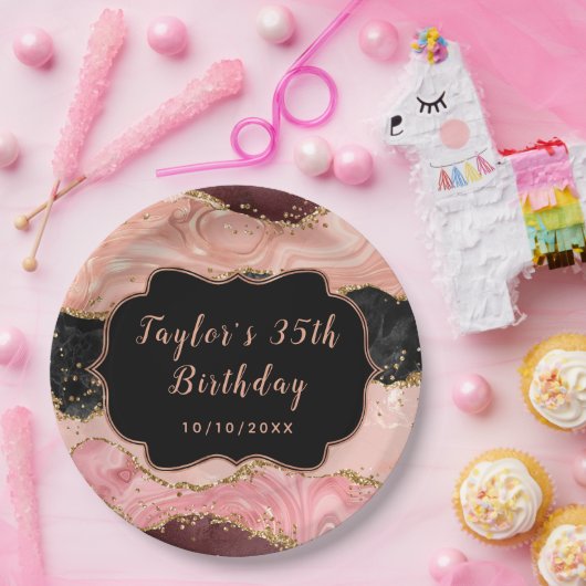 Black and Pink Sequins Agate Birthday Pappteller (Party)
