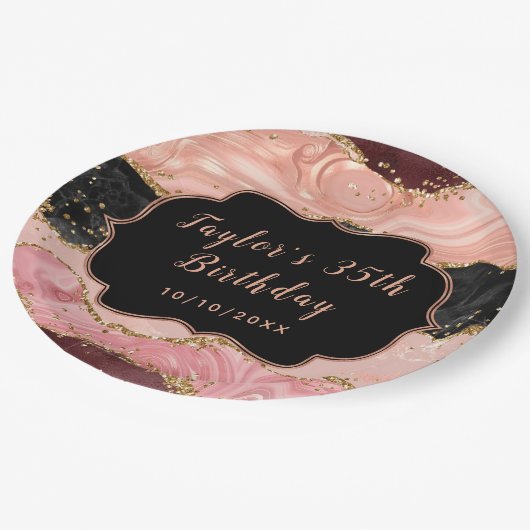Black and Pink Sequins Agate Birthday Pappteller (Schrägansicht)