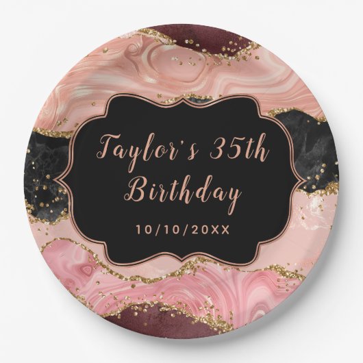 Black and Pink Sequins Agate Birthday Pappteller (Vorderseite)