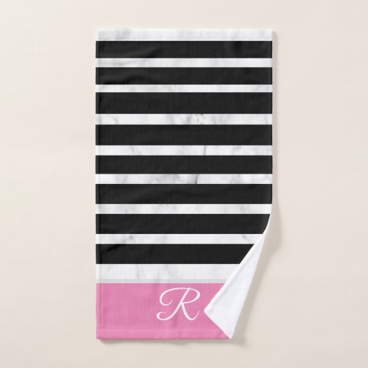Black and Pink Stripes Marble Style Monogram Badhandtuch Set (Handtuch)