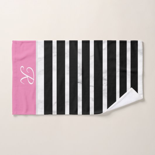 Black and Pink Stripes Marble Style Monogram Badhandtuch Set (Handtuch)