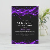 Black and Purple Surprise Any Age Birthday Party Einladung (Stehend Vorderseite)