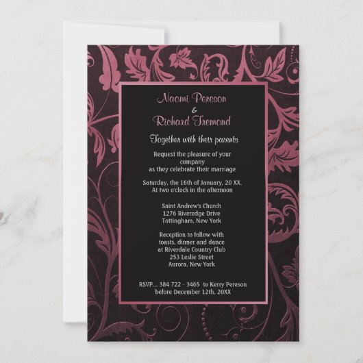 Black and Raspberry Damask Einladung (Vorderseite)
