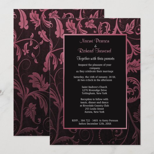 Black and Raspberry Damask Einladung (Vorne/Hinten)