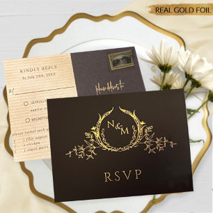 Black and Real Gold Foil Wedding RSVP Postcard Folie Einladungspostkarte