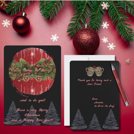 Black and Red "Coffee Makes Me Merry" Christmas Karte
