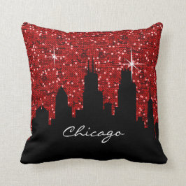 Black and Red Confetti Glitzer Chicago Skyline Kissen