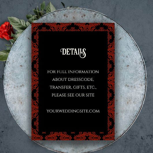 Black and Red Floral Gothic Dark Elegant Wedding Begleitkarte