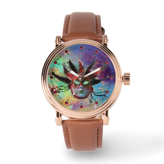 BLACK AND RED JESTER MASK Blue Masquerade Party Armbanduhr (Vorderseite)