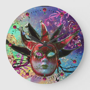 BLACK AND RED JESTER MASK Blue Masquerade Party Große Wanduhr