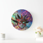 BLACK AND RED JESTER MASK Blue Masquerade Party Große Wanduhr (Zuhause)