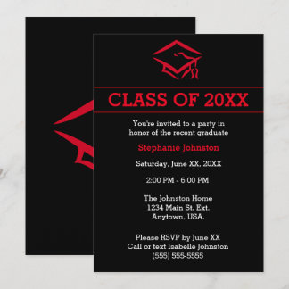 Black and Red Mortarboard Simple Graduation Party Einladung