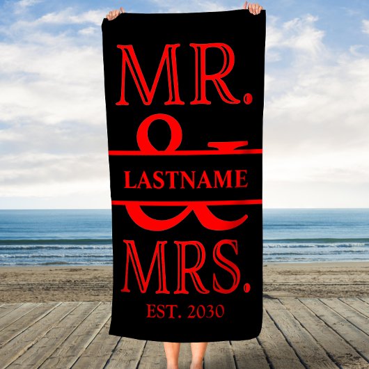 Black and Red Mr. Mrs. Personalisiert Strandtuch