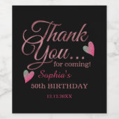 Black And Rose Gold 50th Birthday Thank You Weinetikett (Einzelnes Label)