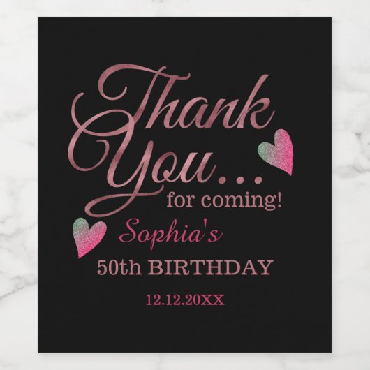 Black And Rose Gold 50th Birthday Thank You Weinetikett (Einzelnes Label)
