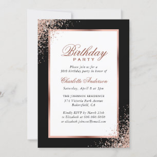 Black and Rose Gold Confetti Geburtstagsparty Einladung