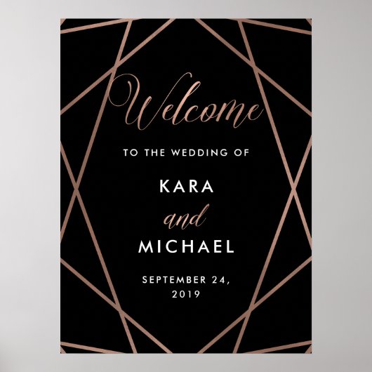 Black and Rose Gold Diamond Wedding Willkommen Poster (Vorne)