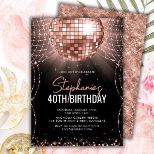 Black and Rose Gold Disco Ball 40. Geburtstag Part Einladung