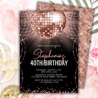 Black and Rose Gold Disco Ball 40. Geburtstag Part Einladung