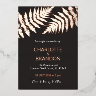 Black and Rose Gold Ferns Outdoor Wedding Gold Folieneinladung