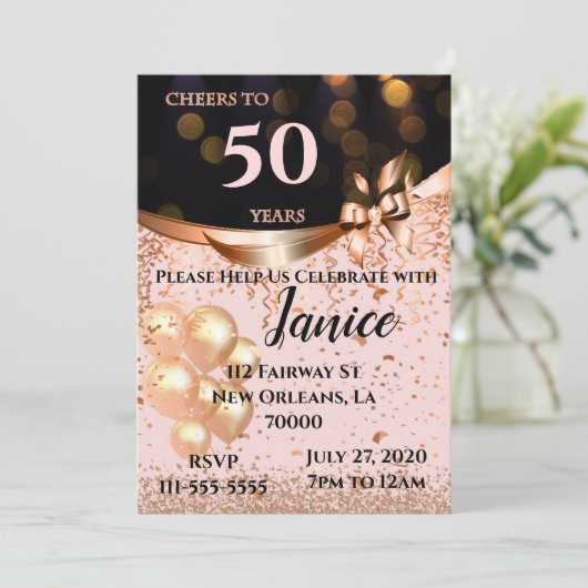 Black and Rose Gold Geburtstag Einladung (Stehend Vorderseite)