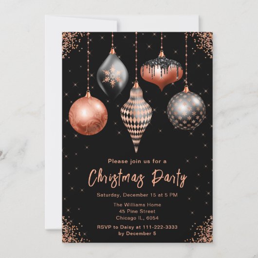 Black and Rose Gold Ornaments Christmas Party Einladung (Vorderseite)
