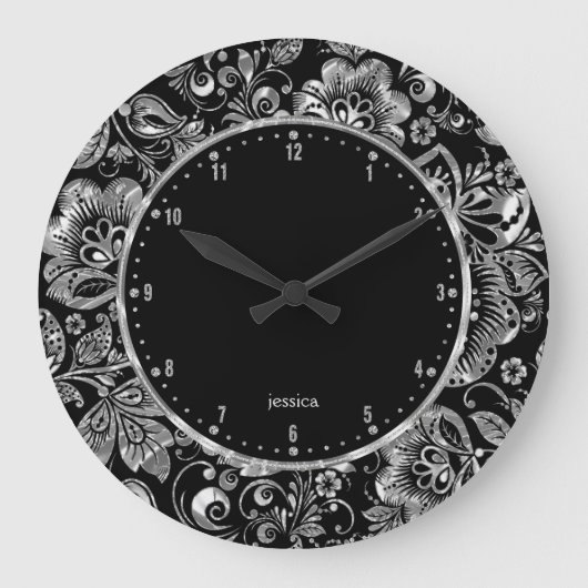 Black And Shiny Silver Floral Damasks Große Wanduhr (Vorderseite)
