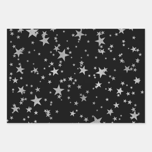 Black and Silver Celestial Star Wrapping Paper Geschenkpapier Set (Vorderseite 3)