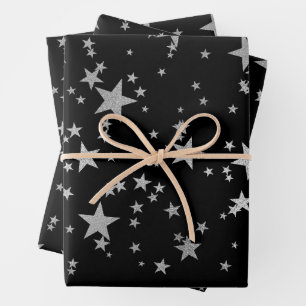 Black and Silver Celestial Star Wrapping Paper Geschenkpapier Set