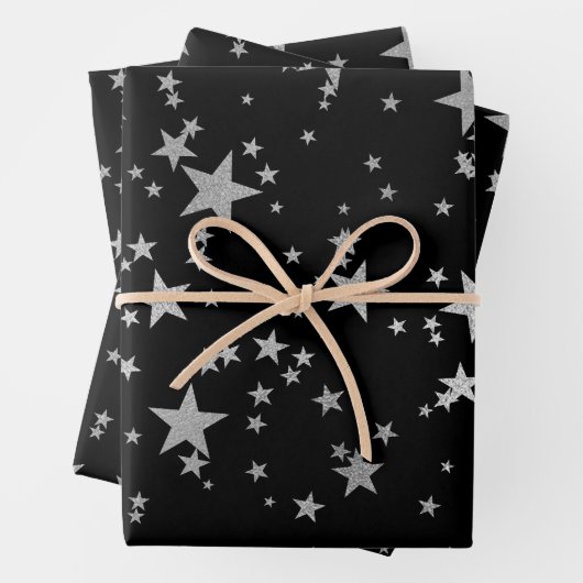 Black and Silver Celestial Star Wrapping Paper Geschenkpapier Set (Beispiel)