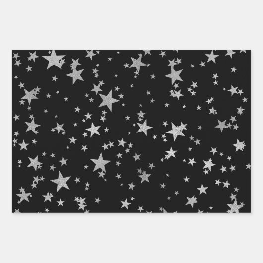 Black and Silver Celestial Star Wrapping Paper Geschenkpapier Set (Vorderseite)