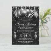 Black and Silver Christmas Baubles 16 . Geburtstag Einladung (Stehend Vorderseite)