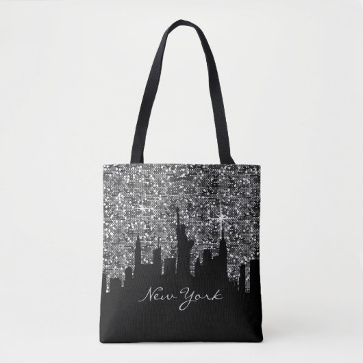 Black and Silver Confetti Glitzer New York Skyline Tasche (Vorderseite)