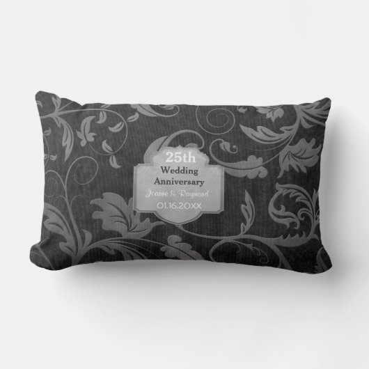 Black and Silver Damask 25. Hochzeitstag Lendenkissen (Vorderseite)