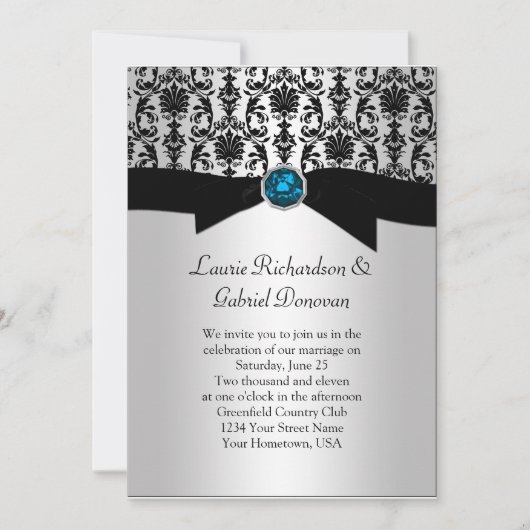 Black and Silver Damask Blue Jewel Wedding Invit Einladung (Vorderseite)