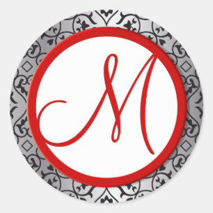 Black and Silver Damask Red Trim Wedding Siegel Runder Aufkleber