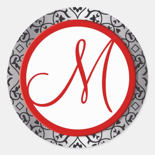 Black and Silver Damask Red Trim Wedding Siegel Runder Aufkleber (Vorderseite)
