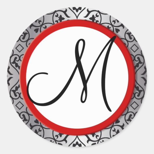 Black and Silver Damask Red Trim Wedding Siegel Runder Aufkleber (Vorderseite)