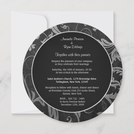Black and Silver Damask Wedding Round Einladung (Vorderseite)