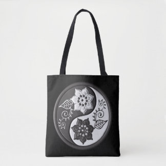 Black and Silver Floral Yin Yang Tasche