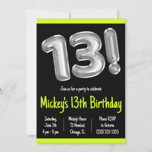 Black and Silver Foil Balloons 13. Geburtstagspart Einladung
