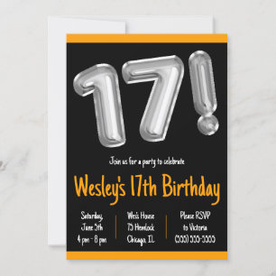 Black and Silver Foil Balloons 17. Geburtstagspart Einladung